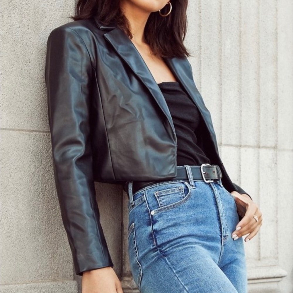 Just Fab “Faux Leather Cropped Blazer” Black